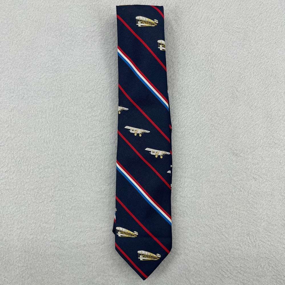 Smithsonian Institution Prince Consort Mens Navy Airplane Stripe Tie 1976 Vtg